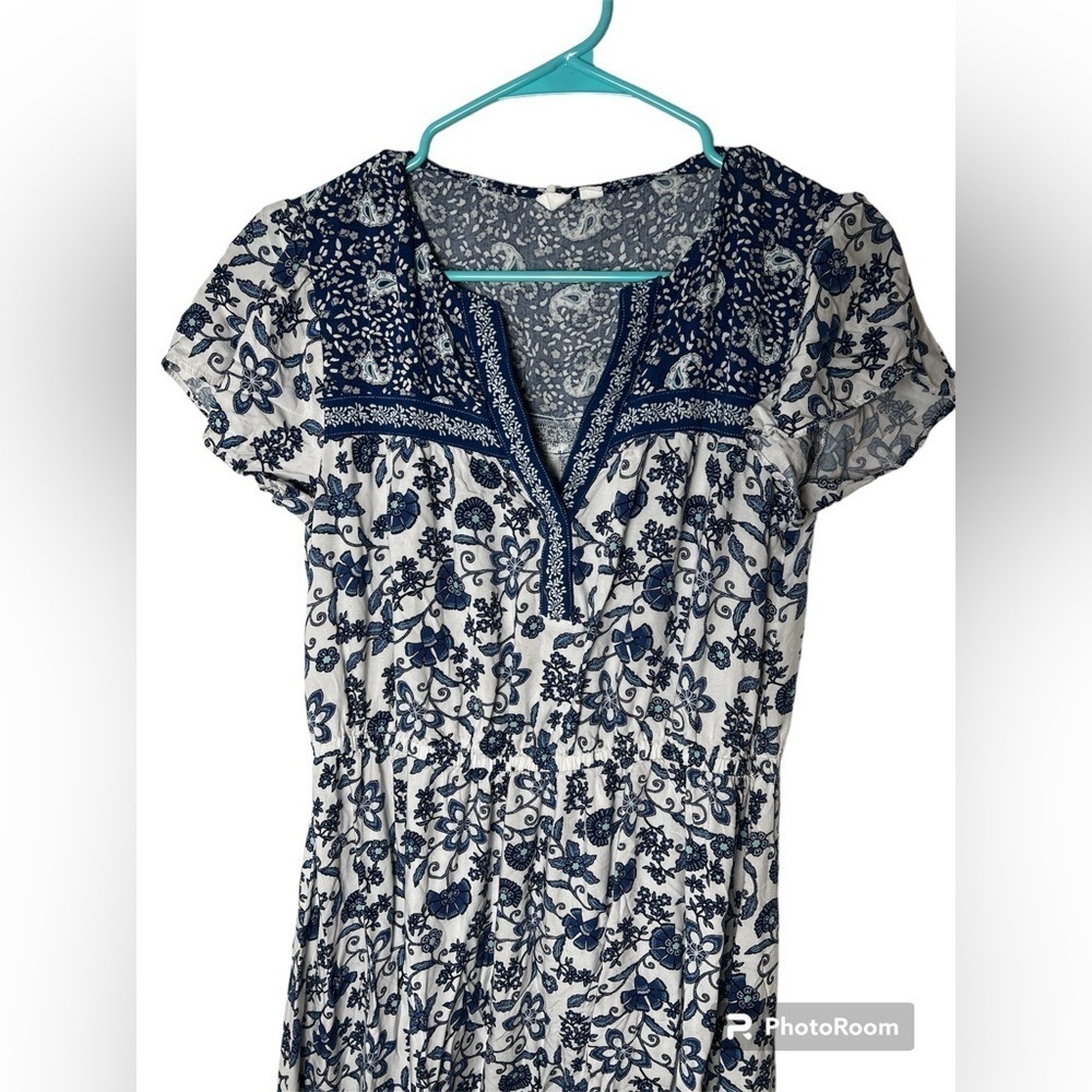 Gap blue floral Midi dress short Sleeve Placed Print ruffled Split Neck medium